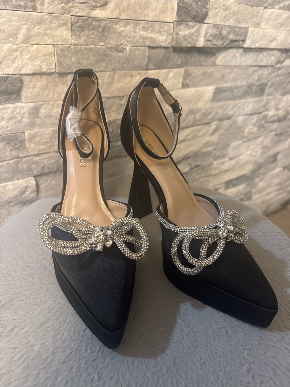 Jenn Ardor Black Satin Pointed Ankle-Strap Heels with Crystal Bow